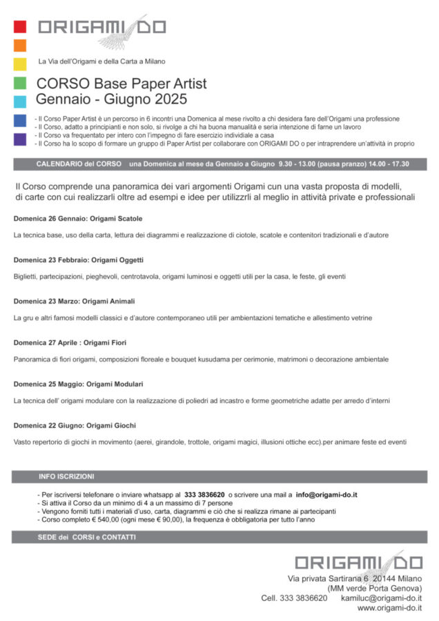Calendario lezioni del Corso PAPER ARTIST intensivo Gennaio-Giugno 2025