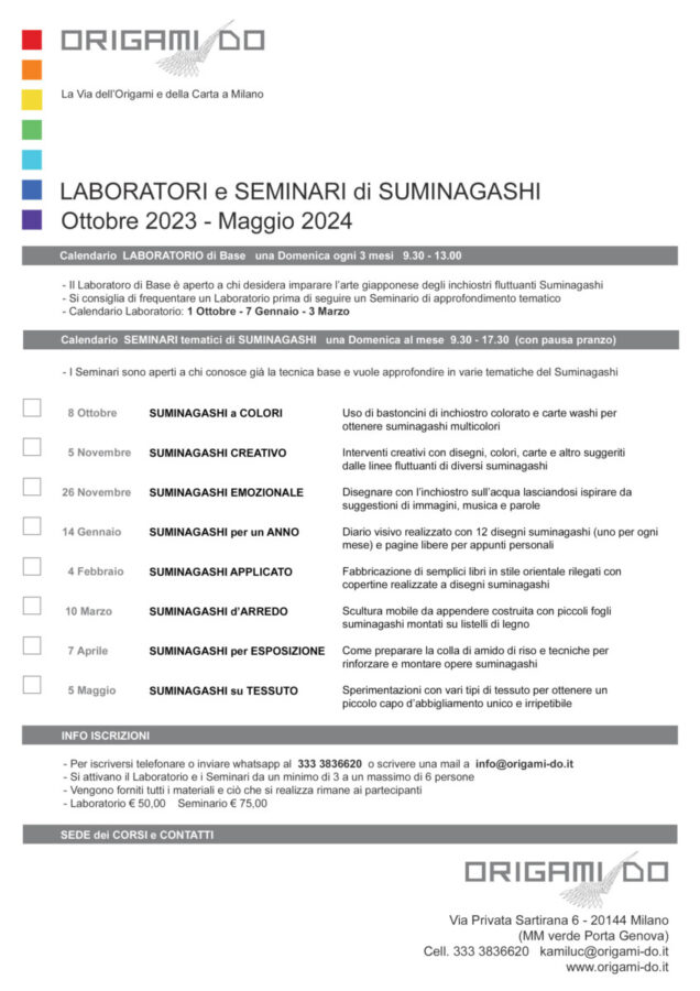 Calendario dei Laboratori e dei Seminari di Suminagashi 2023-2024