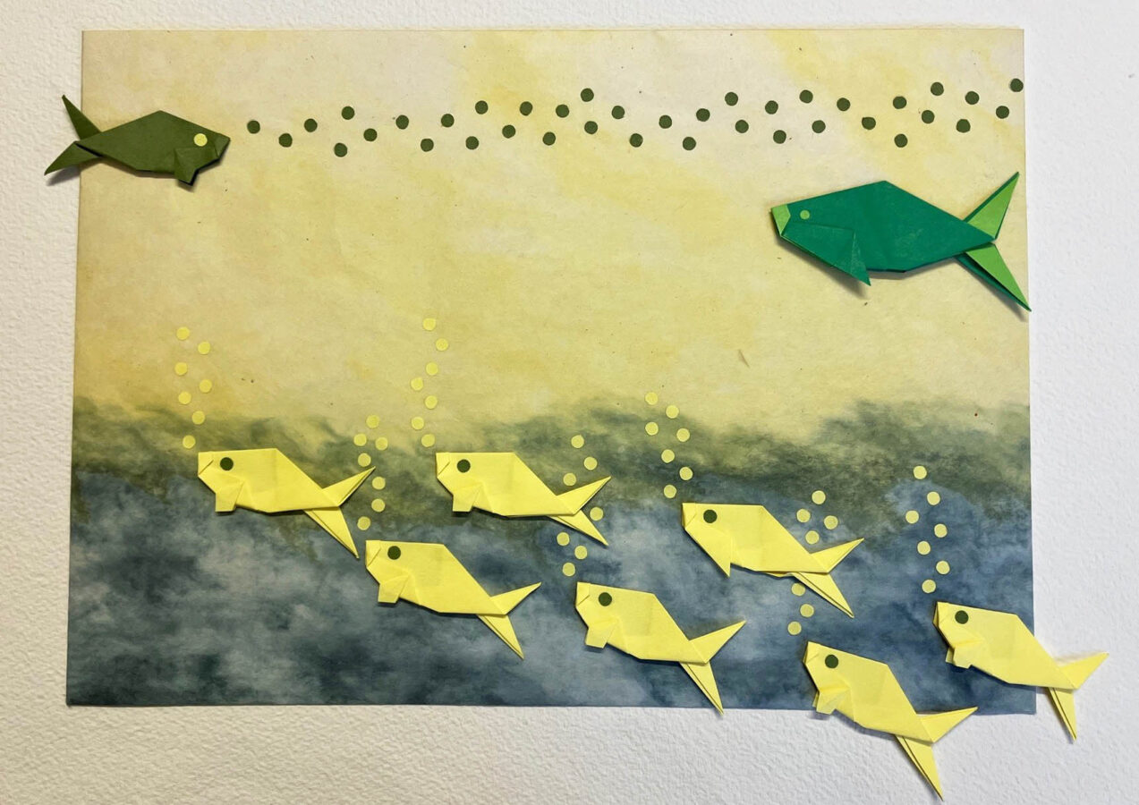 Sabato 24 Maggio
9.30-12.30
CORSO PAPER ARTIST
Installazione decorativa da parete con pesci montati su pannello di poliplat e carta di sfondo